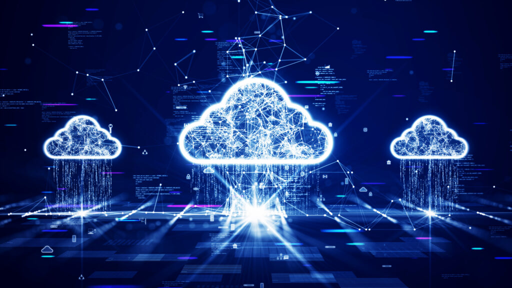 Cloud and edge computing technology concept with cybersecurity data protection system. Upload the binary code to the cloud icon. Interlocking polygons by Ar_TH